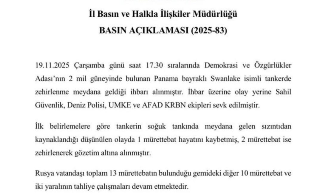 Demokrasi ve Özgürlükler Adası açıklarında bulunan Panama Bayraklı ’Swanlake’ isimli