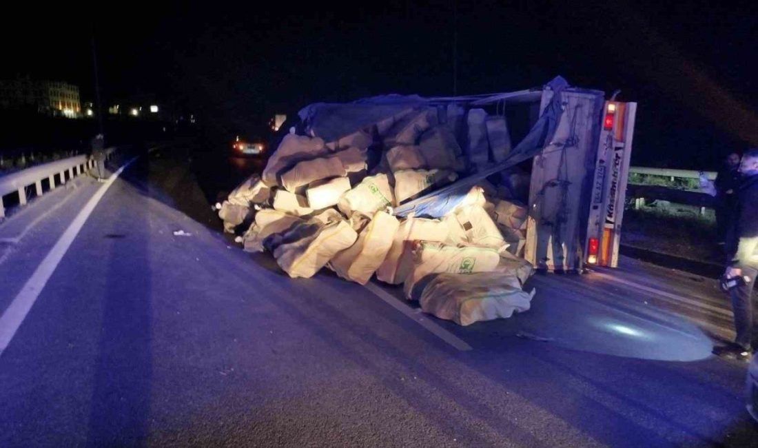 Bilecik’te direksiyon hakimiyetini kaybeden tırın refüje çarpıp yan yatması sonucu