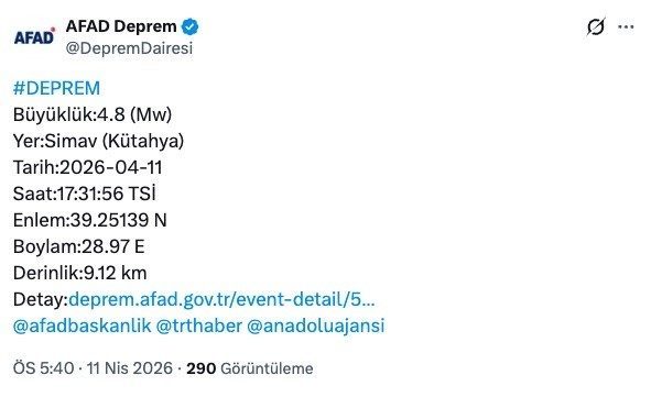 Kütahya’nın Simav ilçesi merkezli 4.8 büyüklüğündeki deprem Bursa ve ilçelerinden