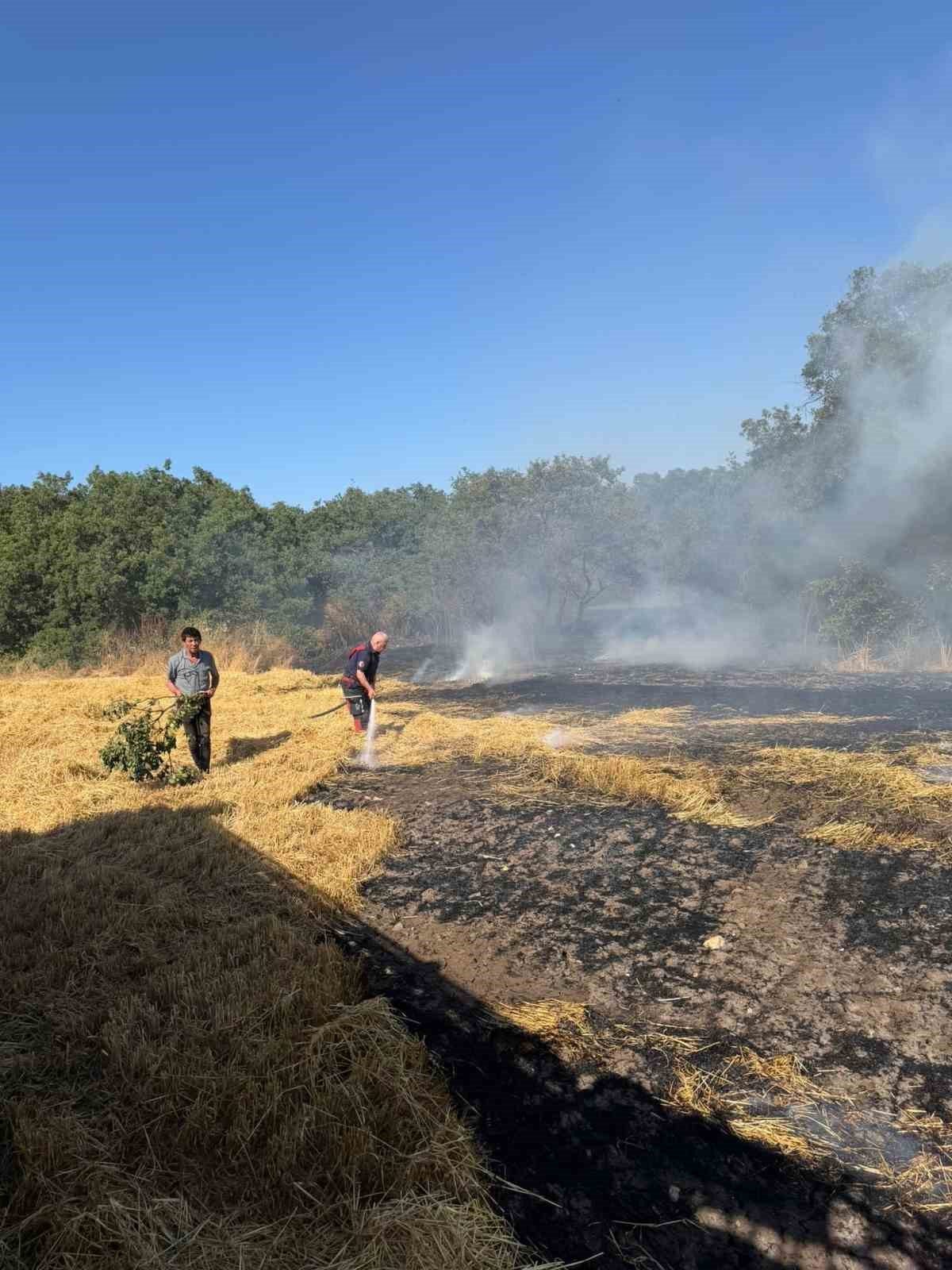 Balıkesir’in Bandırma ilçesinde meydana gelen anız yangını, itfaiye ekiplerinin müdahalesi
