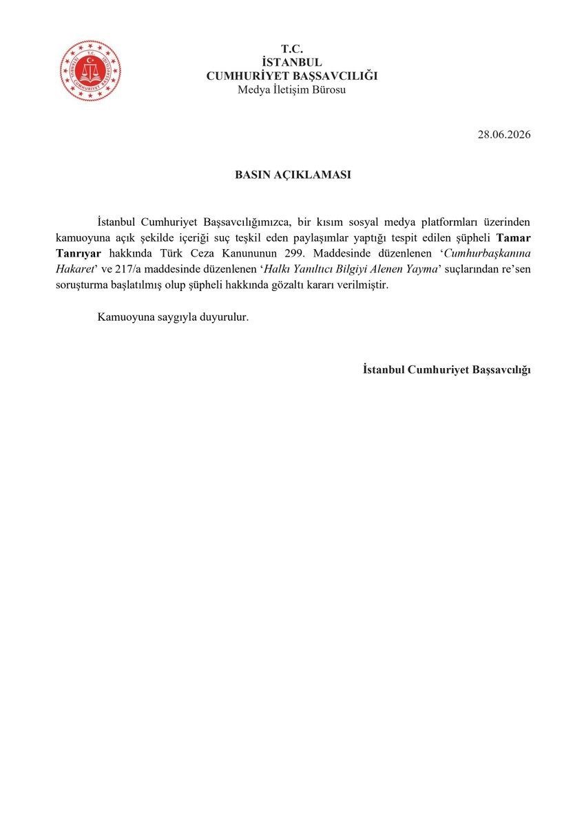 İstanbul Cumhuriyet Başsavcılığı, sosyal medya paylaşımları nedeniyle Tamar Tanrıyar hakkında