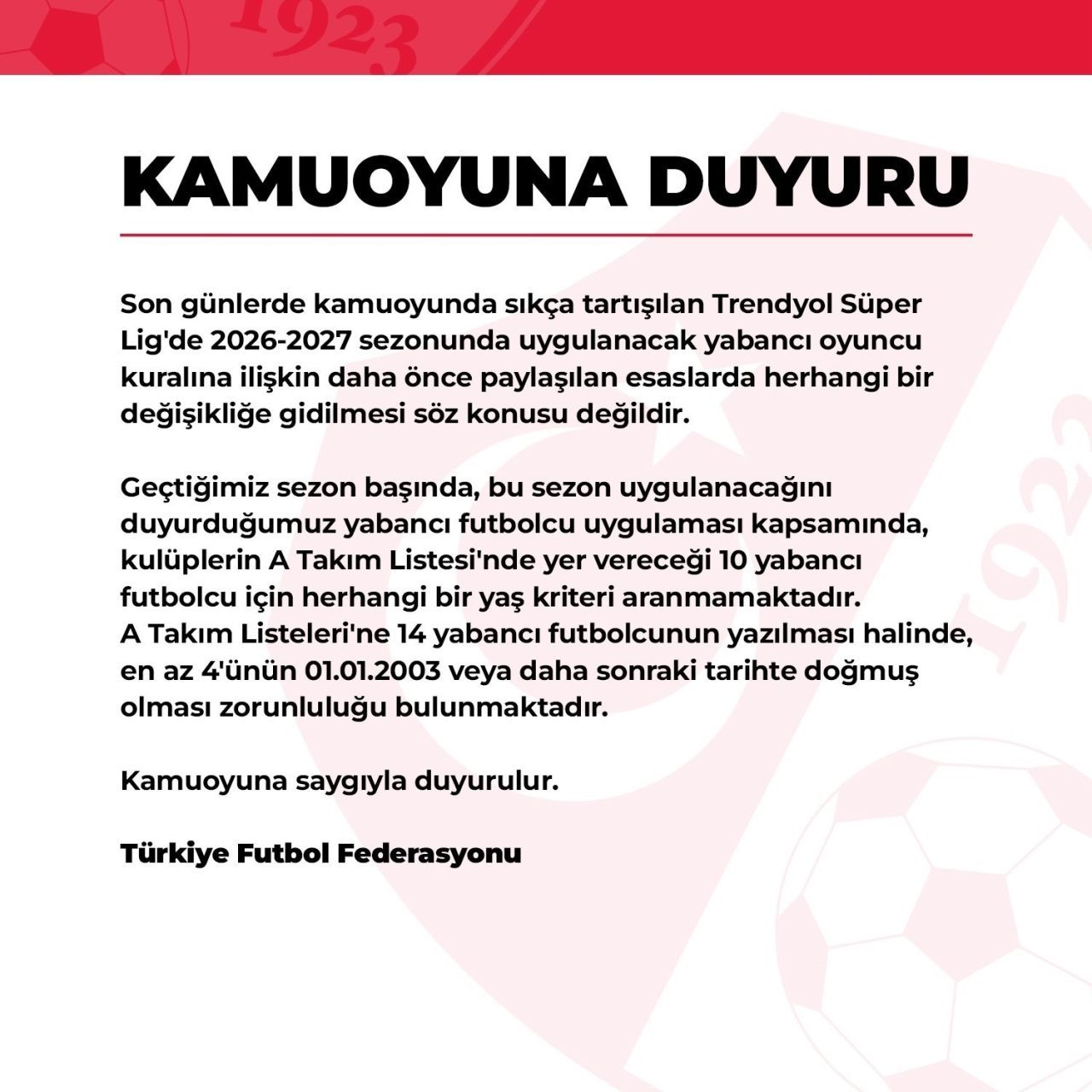 Türkiye Futbol Federasyonu, 2026-2027 sezonunda uygulanacak yabancı oyuncu kuralında herhangi