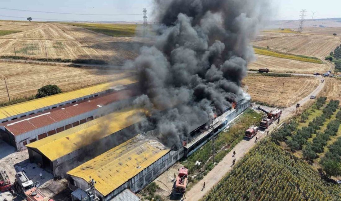 Balıkesir’in Bandırma ilçesinde geri dönüşüm malzemelerinin bulunduğu depoda çıkan yangın,