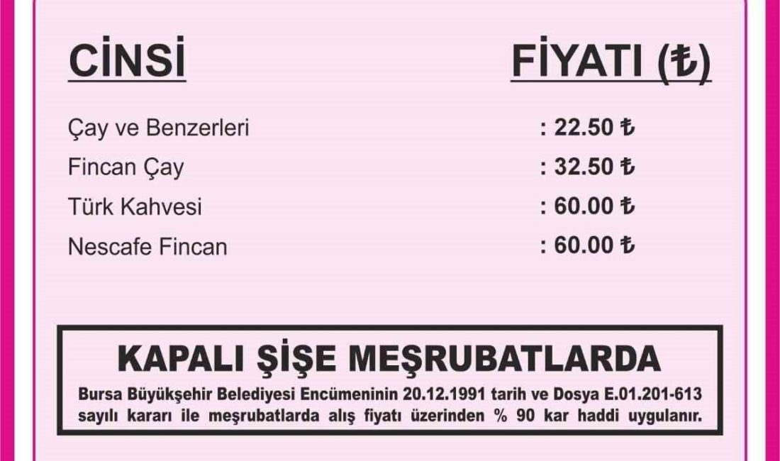 Bursa Kahveciler ve Benzerleri Odası, 2026-2027 döneminde uygulanacak azami fiyat