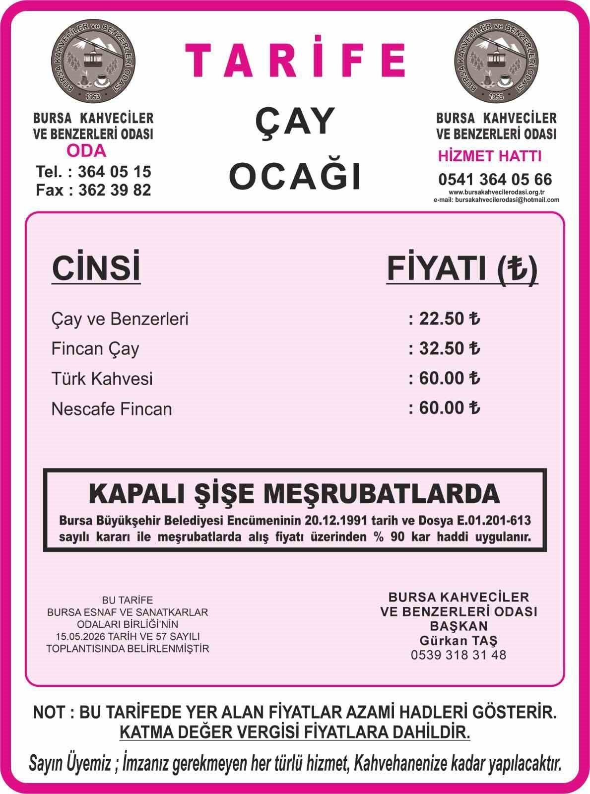 Bursa Kahveciler ve Benzerleri Odası, 2026-2027 döneminde uygulanacak azami fiyat