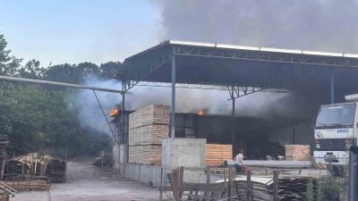 Bilecik’te bir kereste işletmesinde çıkan yangfın, itfaiye ekipleri tarafından yangın